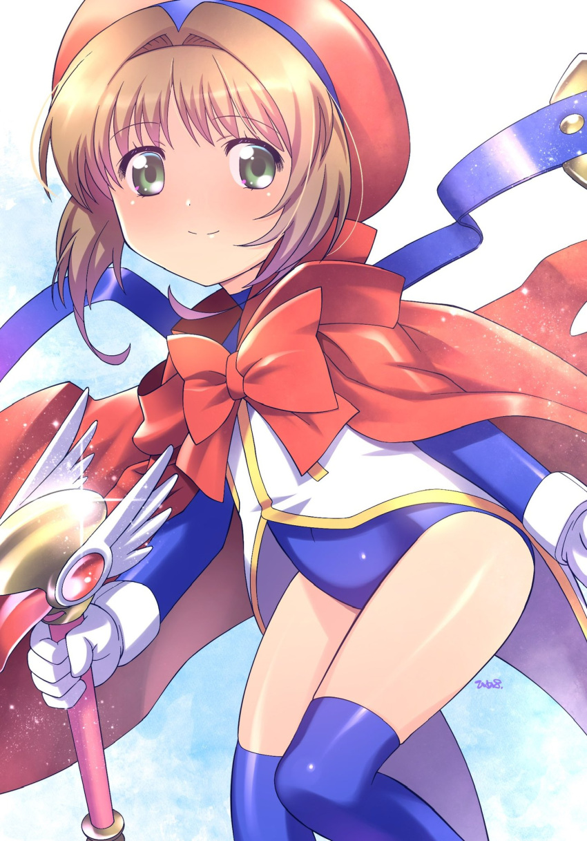 1girl blue_leotard blue_thighhighs brown_hair cardcaptor_sakura cloak fuuin_no_tsue gloves green_eyes hair_intakes hat highres himewachi kinomoto_sakura leotard leotard_under_clothes red_cloak shirt short_hair smile solo thighhighs thighs wand white_gloves white_shirt