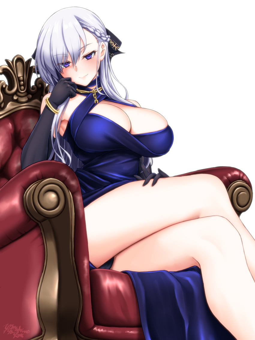 1girl absurdres arm_rest azur_lane belfast_(azur_lane) belfast_(the_noble_attendant)_(azur_lane) braid breasts broken broken_chain chain chair cleavage cocktail_dress criss-cross_halter crossed_legs cup dress drinking_glass elbow_gloves elbow_rest evening_gown french_braid gloves gold_bracelet gold_chain halter_dress halterneck hand_on_own_cheek hand_on_own_face head_rest highres koutarou_(plusdrive) large_breasts long_hair looking_at_viewer low_neckline official_alternate_costume purple_eyes purple_gloves sitting smile solo white_background white_hair