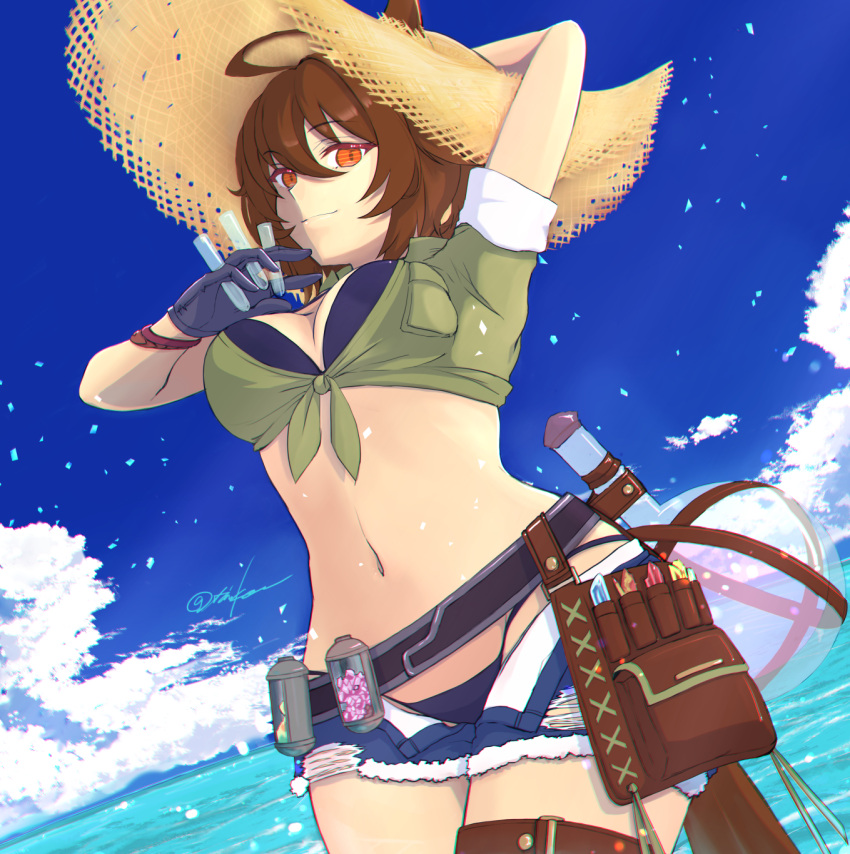 1girl agnes_tachyon_(lunatic_lab)_(umamusume) agnes_tachyon_(umamusume) ahoge animal_ears arm_up belt bikini black_belt black_bikini black_gloves blue_shorts blue_sky bracelet breasts brown_eyes brown_hair cleavage cloud commentary_request cowboy_shot criss-cross_halter ear_ornament flask from_below gloves green_jacket grin groin hair_between_eyes halterneck hand_on_own_hip hat highres horizon horse_ears horse_girl horse_tail huge_ahoge jacket jewelry looking_at_viewer micro_shorts midriff navel ocean official_alternate_costume official_alternate_hairstyle open_mouth outdoors pointing round-bottom_flask shaded_face short_ponytail shorts single_glove sketch sky smile solo strap_pull straw_hat sun_hat swimsuit tail taniko_shanokoya test_tube tied_jacket torn_clothes torn_shorts umamusume water