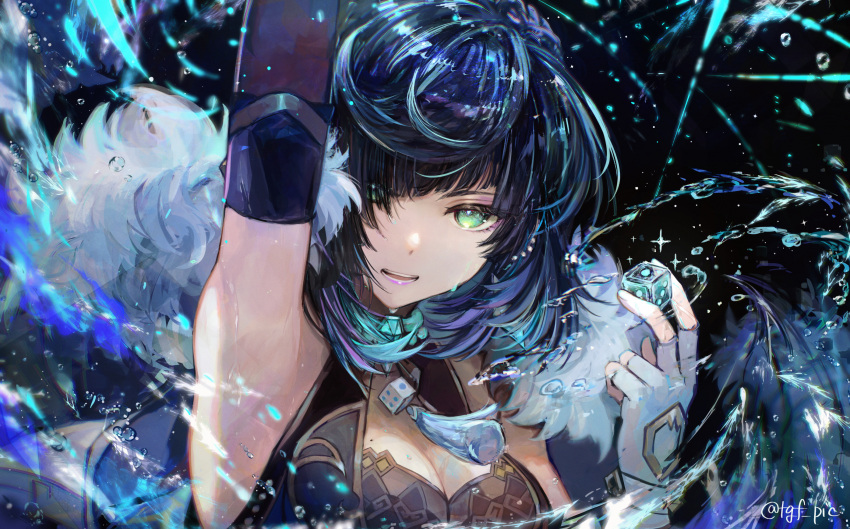 1girl arm_up armpits black_background black_hair blue_hair breasts cleavage dice fingerless_gloves genshin_impact gloves green_eyes highres holding_dice jacket jewelry looking_at_viewer medium_breasts mole mole_on_breast multicolored_hair open_mouth short_hair solo sparkle tassel tgf_pic twitter_username upper_body water water_drop wet white_gloves white_jacket yelan_(genshin_impact)