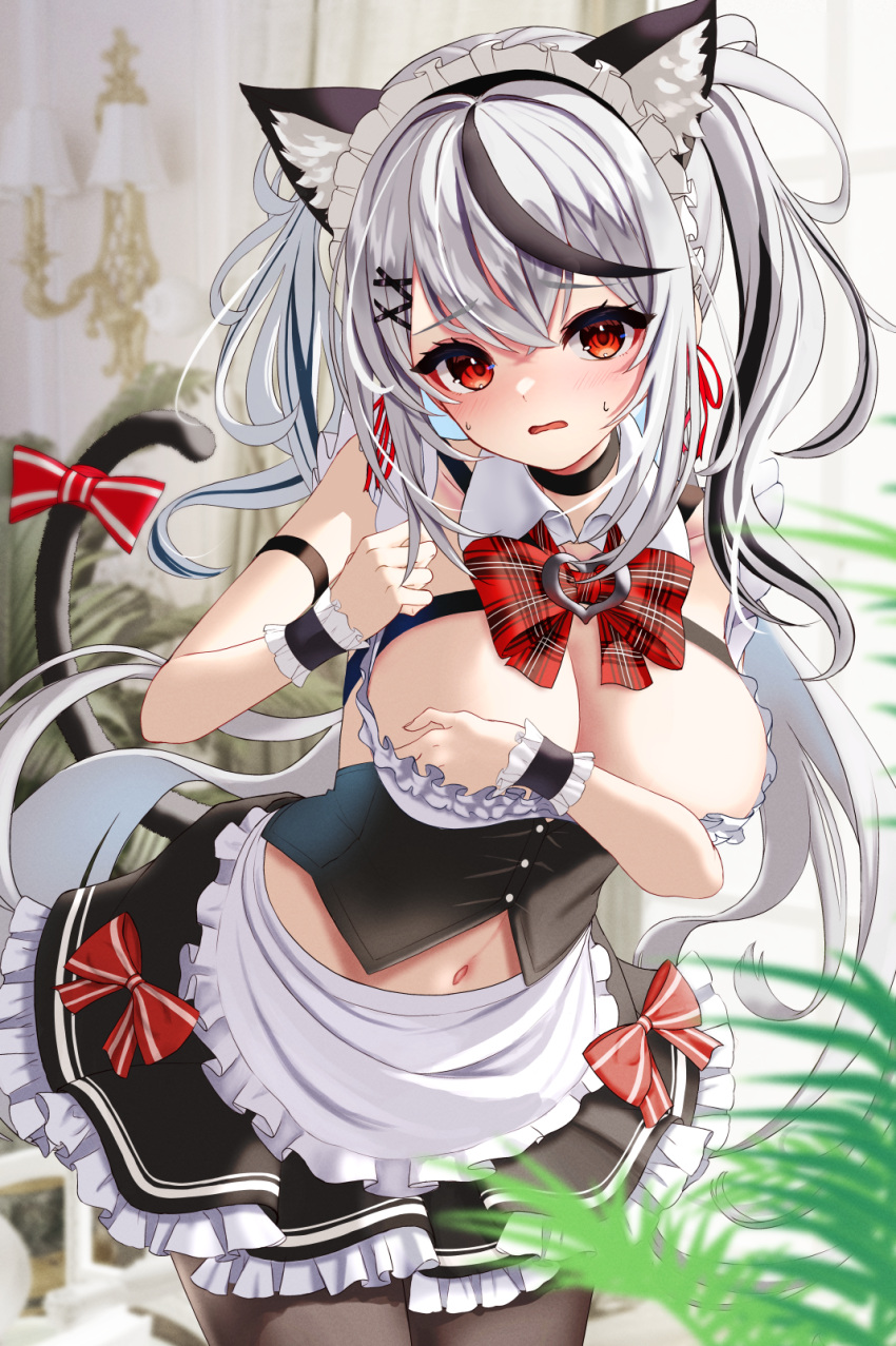1girl animal_ears bare_shoulders black_hair blush breasts cat_ears cat_tail cleavage frilled_hairband frills grey_hair hairband highres hololive inari_(ambercrown) large_breasts long_hair looking_at_viewer multicolored_hair navel open_mouth red_eyes sakamata_chloe solo streaked_hair tail thighs twintails