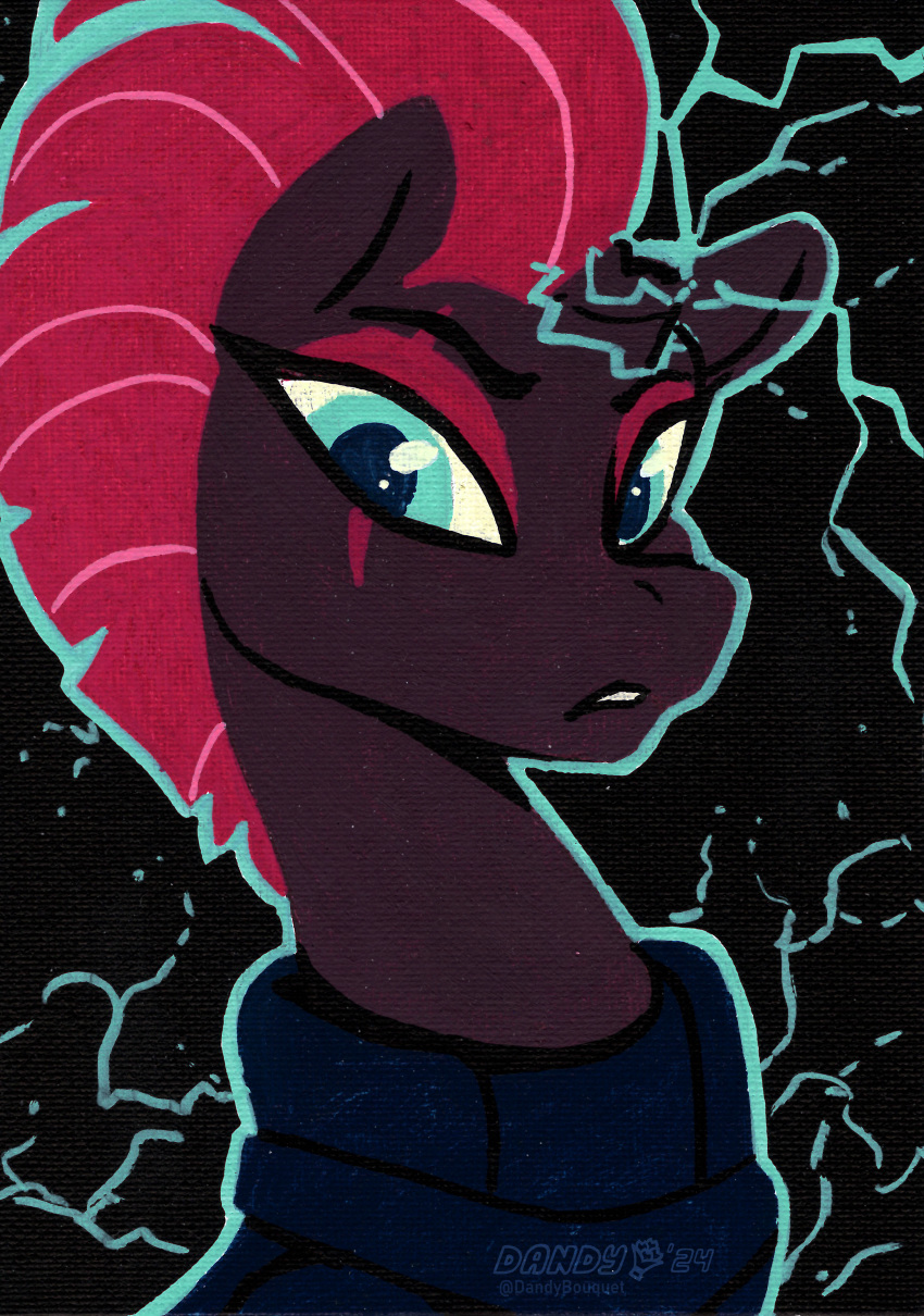 absurd_res black_background blue_eyes dandy_(artist) electricity equid equine eye_scar eyeshadow facial_scar female friendship_is_magic fur hair hasbro hi_res horn makeup mammal my_little_pony my_little_pony:_the_movie_(2017) mythological_creature mythological_equine mythology portrait purple_body purple_eyeshadow purple_fur purple_hair scar simple_background tempest_shadow_(mlp) traditional_media_(artwork) unicorn