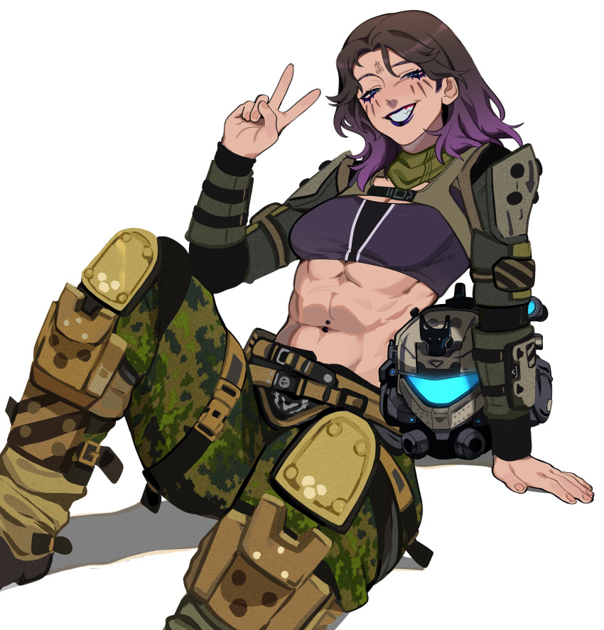 abs absurdres borrowed_character brown_hair camouflage camouflage_pants eyeshadow facial_mark forehead_mark gradient_hair grin hand_on_ground hand_up helmet highres leaning_back looking_at_viewer makeup multicolored_hair muscular muscular_female navel_piercing original pants piercing pilot_(titanfall_2) porqueloin purple_eyeshadow purple_hair purple_lips purple_sports_bra simple_background sitting smile sports_bra straight_hair titanfall_(series) titanfall_2 unworn_headwear unworn_helmet v white_background