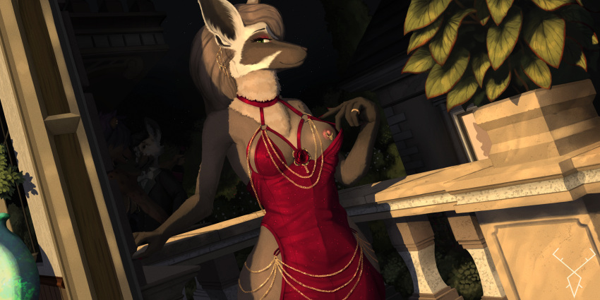 2:1 absurd_res adele_(axislewdsrep) anthro areola axislewdsrep background_character balcony bat-eared_fox bedroom_eyes big_breasts breasts brown_body brown_fur brown_hair building canid canine canis chain chest_tuft cleavage clothed clothing clothing_aside cocktail_dress colored colored_nails curvy_figure dress ear_piercing ear_ring eyelashes eyeshadow female fluffy fox fur fur_markings gold_(metal) gold_chain gold_jewelry hair hi_res hollow_hip_dress house hyena inner_ear_fluff inviting jewelry leah_(akiradrawsstuff) looking_at_another looking_at_viewer makeup mammal marble markings nails narrowed_eyes night nipple_outline nipple_piercing nipple_piercing_outline nipples no_underwear outside piercing pink_nipples plant presenting presenting_breasts pulling_bra railing red_clothing red_dress ring ring_piercing seductive shaded sky smile smirk solo standing thick_thighs tight_clothing tight_dress tight_fit topwear_aside tuft voluptuous wall_(structure) wide_hips