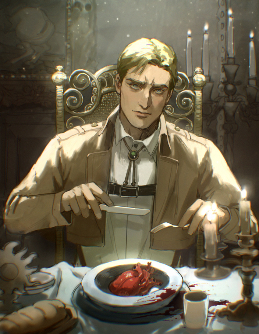 1boy absurdres ascot blonde_hair blood blue_eyes bread cropped_jacket dining_room eating erwin_smith food heart_(organ) highres looking_at_viewer male_focus paradis_military_uniform shingeki_no_kyojin shirt short_hair solo symbolism thick_eyebrows thisuserisalive