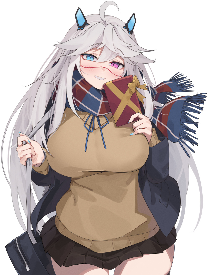 1girl absurdres ahoge bag black_bag black_jacket black_skirt blue_eyes blue_nails blue_scarf box breasts brown_sweater cowboy_shot facial_mark gift gift_box grey_hair hair_between_eyes hair_ornament heterochromia highres holding holding_gift indie_virtual_youtuber jacket jknor large_breasts long_hair miniskirt multicolored_clothes multicolored_scarf open_clothes open_jacket pink_eyes prot0type7 red_scarf scarf school_bag second-party_source skirt smile solo sweater virtual_youtuber