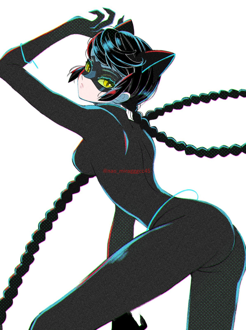 1girl animal_ears black_bodysuit black_hair black_mask bodysuit braid cat_ears cat_girl closed_mouth green_eyes highres lady_noir long_hair looking_at_viewer marinette_dupain-cheng mask miraculous_ladybug seio_(nao_miragggcc45) simple_background single_braid slit_pupils solo superhero_costume white_background