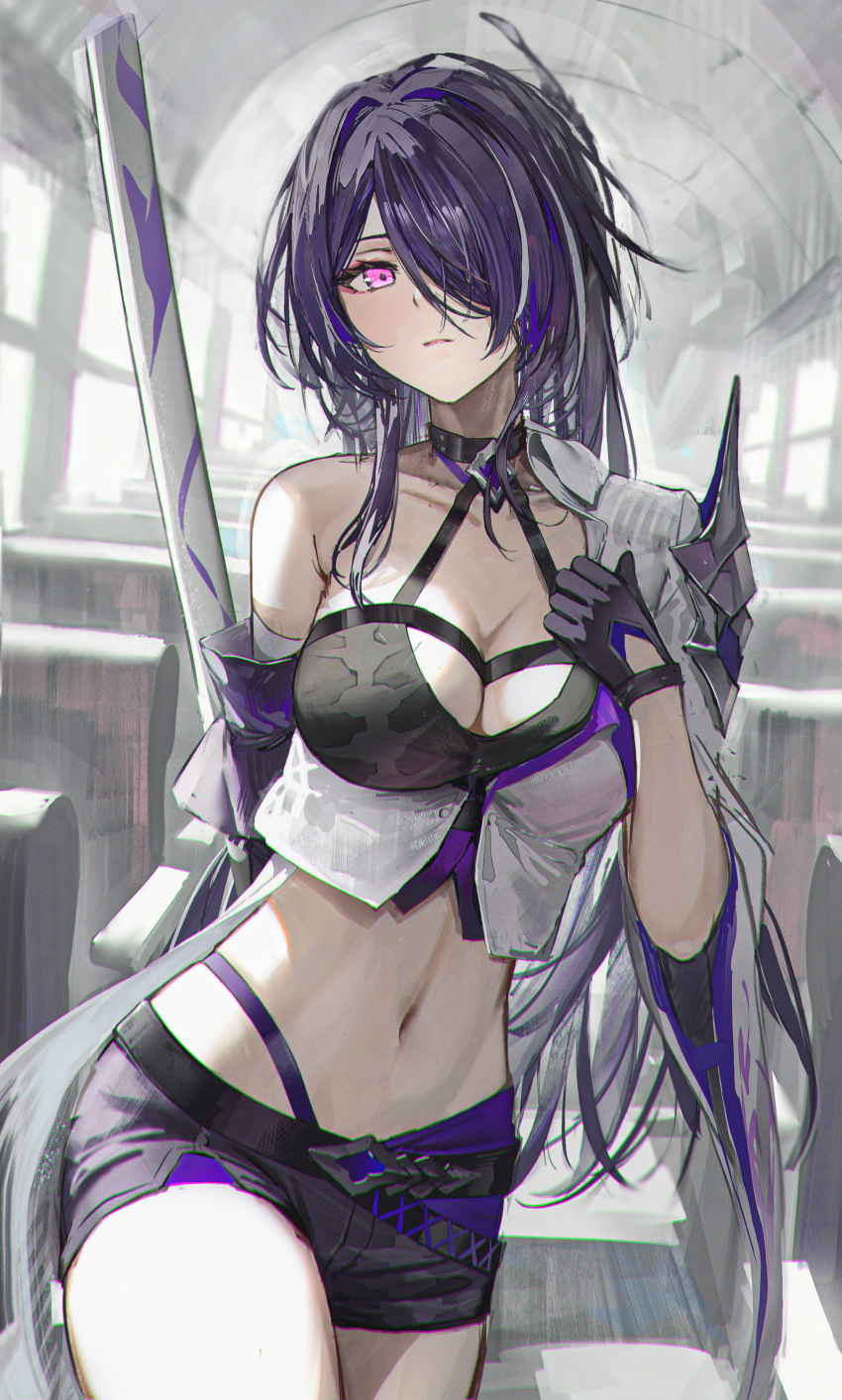 1girl absurdres acheron_(honkai:_star_rail) arm_behind_back black_choker black_gloves black_shorts breasts choker cleavage closed_mouth commentary cowboy_shot crop_top eyeshadow gloves hair_over_one_eye halterneck hidulume highres honkai:_star_rail honkai_(series) indoors large_breasts long_hair looking_at_viewer makeup midriff navel pink_eyes purple_hair scabbard sheath short_shorts shorts single_arm_guard single_bare_shoulder single_sleeve solo standing stomach thighs weapon weapon_on_back
