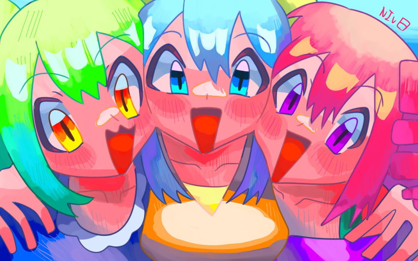 3girls blue_eyes blue_hair blush collarbone commentary drill_hair green_hair hair_between_eyes hands_on_another's_shoulders hatsune_miku highres kasane_teto looking_at_viewer medium_bangs medium_hair multiple_girls nivee_nivee open_mouth orange_eyes pink_hair purple_eyes sidelocks smile triangle_mouth upper_body utau vocaloid voiceroid voicevox zundamon