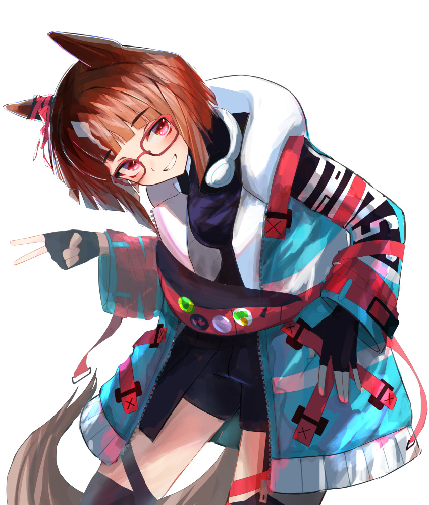 1girl absurdres animal_ears black_gloves black_shirt black_shorts blush breasts brown_hair coat cowboy_shot ear_ornament fanny_pack fingerless_gloves glasses gloves grin headphones headphones_around_neck highres horse_ears horse_girl horse_tail leaning_to_the_side long_sleeves open_clothes open_coat rakasei5050 red_eyes shirt short_hair shorts simple_background small_breasts smile solo standing tail thighhighs transcend_(umamusume) umamusume w white_background