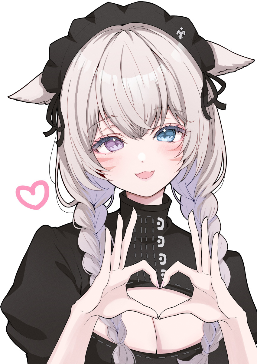1girl absurdres animal_ears blue_eyes braid breasts cat_ears cleavage cross-shaped_pupils facial_mark fang final_fantasy final_fantasy_xiv hands_up heart heart_hands heterochromia highres juliet_sleeves light_brown_hair lilith_degree long_hair long_sleeves looking_at_viewer maid_headdress miqo'te open_mouth puffy_sleeves purple_eyes simple_background skin_fang smile solo symbol-shaped_pupils twin_braids upper_body warrior_of_light_(ff14) white_background