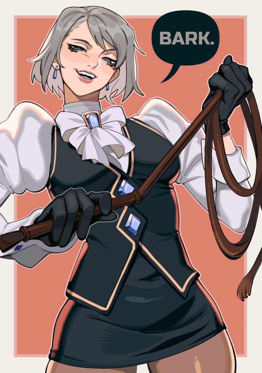 1girl absurdres ace_attorney black_gloves black_skirt black_vest bow bowtie earrings franziska_von_karma gloves grey_eyes grey_hair highres holding holding_whip jewelry looking_at_viewer looking_down miniskirt open_mouth pantyhose porqueloin puffy_sleeves shirt simple_background skirt solo speech_bubble teeth vest whip white_bow white_bowtie white_shirt