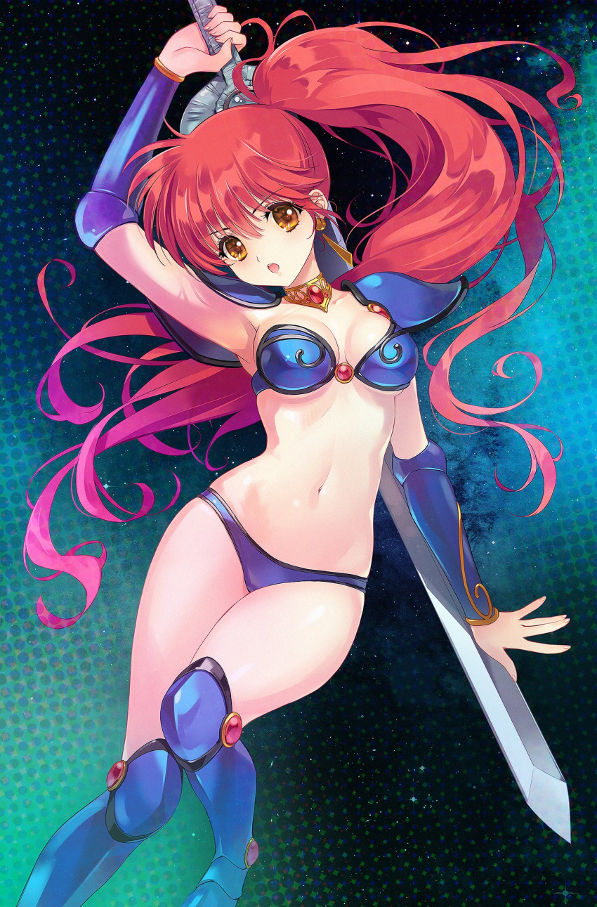 1girl arm_up armor armpits asagiri_youko bikini bikini_armor blue_bikini breasts carnelian chestnut_mouth cleavage commentary_request earrings floating_hair gauntlets gem genmu_senki_leda greaves highres holding holding_sword holding_weapon jewelry long_hair medium_breasts navel open_mouth pauldrons red_hair shoulder_armor side_ponytail solo swimsuit sword thighs very_long_hair weapon yellow_eyes