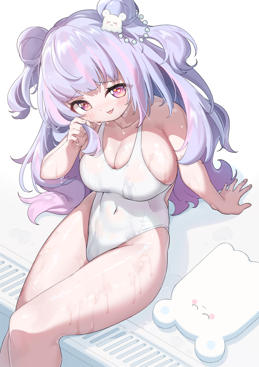 1girl absurdres arm_support arukiru bare_legs blush breasts cleavage collarbone commission competition_swimsuit covered_navel double_bun fang hair_bun hair_ornament highres hoshifuru_ameru indie_virtual_youtuber kickboard large_breasts long_hair looking_at_viewer multicolored_hair one-piece_swimsuit pink_hair poolside purple_eyes school_swimsuit sidelocks sitting skeb_commission smile solo streaked_hair swimsuit twirling_hair two-tone_hair variant_set virtual_youtuber wet white_background white_one-piece_swimsuit