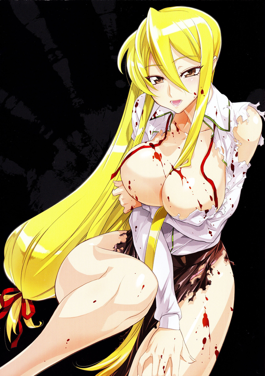 absurdres blonde_hair blood breast_hold breasts brown_eyes cleavage hair_ribbon highres highschool_of_the_dead huge_breasts legs long_hair marikawa_shizuka official_art open_mouth ribbon satou_shouji skirt solo thighs torn_clothes very_long_hair