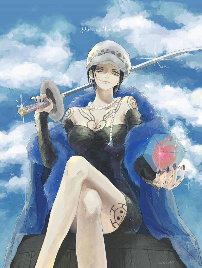 1girl arm_tattoo black_dress black_hair blue_coat blue_nails chest_tattoo cloud coat commentary crossed_legs dress earrings evil_smile eyelashes from_below fur-trimmed_coat fur_trim genderswap genderswap_(mtf) heart highres holding holding_heart holding_sword holding_weapon jewelry leg_tattoo looking_at_viewer necklace one_piece shokusei short_hair sidelocks sky smile solo strapless strapless_dress sword symbol-only_commentary tattoo trafalgar_law twitter_username weapon