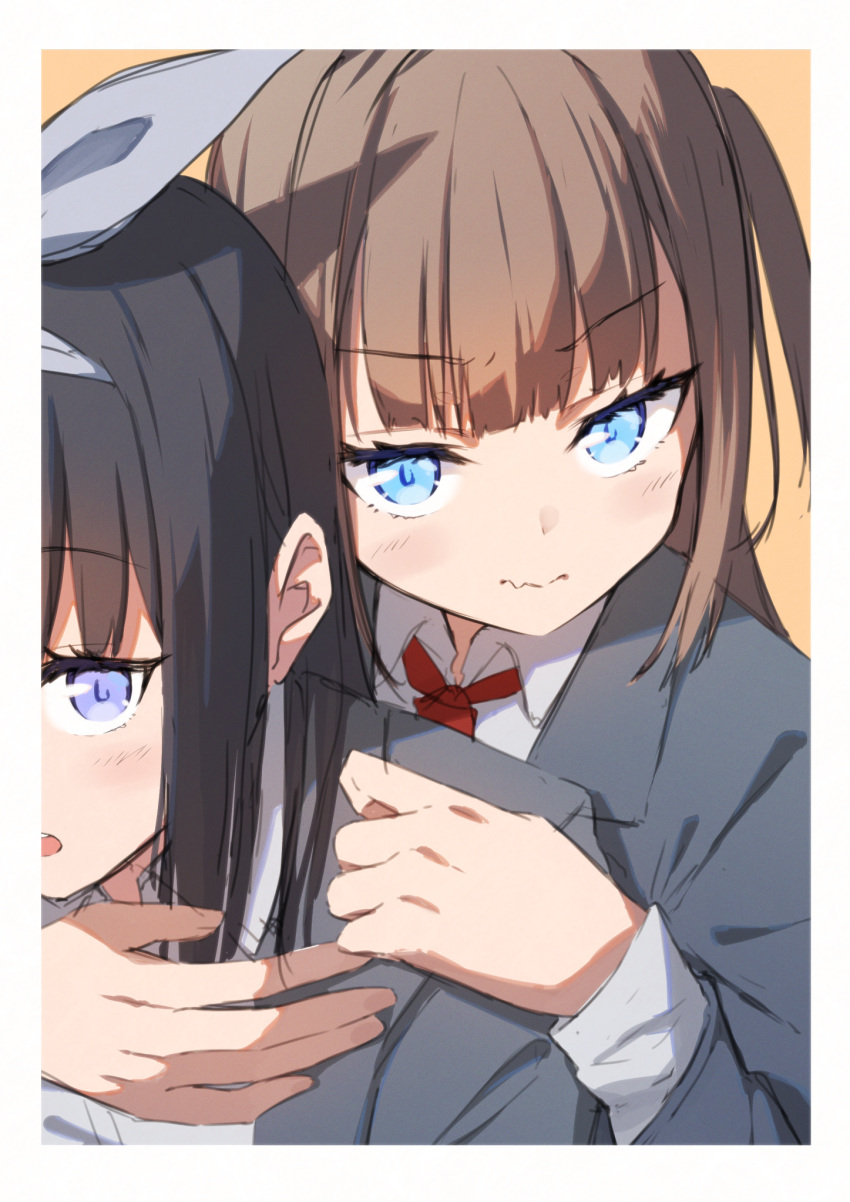 2girls black_hair blazer blue_eyes brown_background brown_hair closed_mouth collared_shirt commentary_request fang fang_out grey_jacket highres jacket long_hair long_sleeves looking_at_viewer mimura_zaja multiple_girls one_side_up open_mouth original school_uniform shirt simple_background upper_body white_shirt