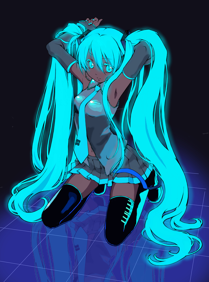 absurdres aqua_eyes aqua_hair armpits arms_up blue_nails colorized dark_skin darklowell detached_sleeves glowing glowing_hair hatsune_miku headphones headset highres kneeling long_hair nail_polish necktie neon_trim perspective reflection skirt smile solo thighhighs twintails very_long_hair vocaloid zettai_ryouiki