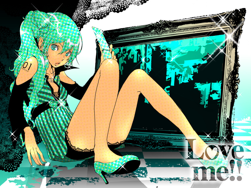 alternate_hairstyle aqua_eyes aqua_hair casual cellphone detached_sleeves earrings hatsune_miku high_heels highres jewelry legs lips long_hair phone sachio shoes side_ponytail sitting solo vocaloid