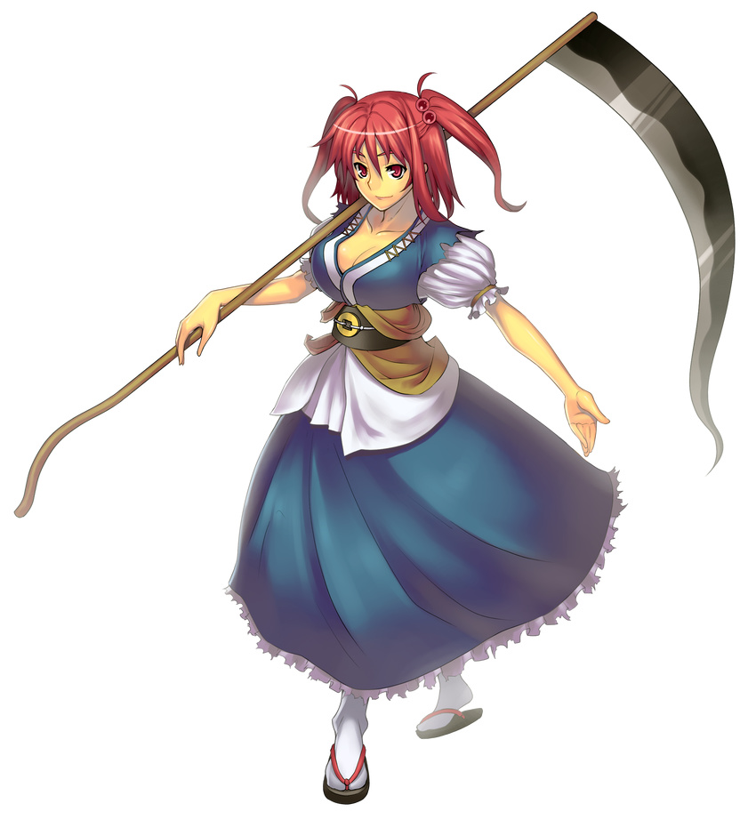 absurdres breasts cleavage full_body hair_bobbles hair_ornament highres jonylaser large_breasts onozuka_komachi red_eyes red_hair scythe short_hair solo touhou transparent_background two_side_up