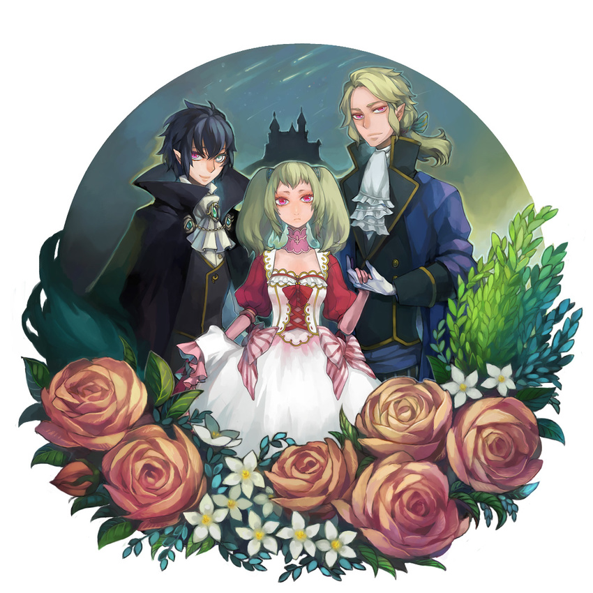 2boys bad_id bad_pixiv_id black_hair blonde_hair castle choker cloak dress elbow_gloves flower gloves green_eyes heterochromia highres holding_hands multiple_boys original pointy_ears red_eyes roma rose short_hair smile twintails white_gloves