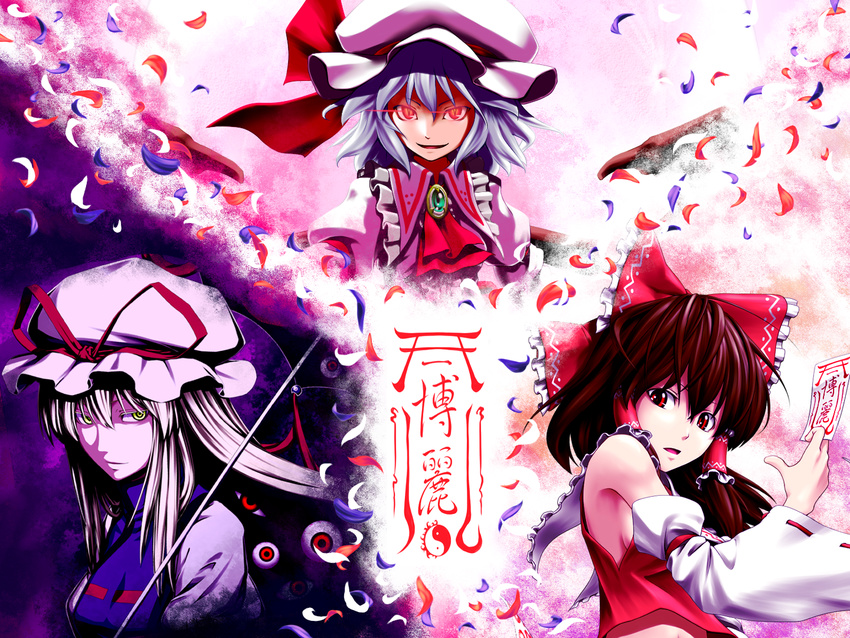 blonde_hair blue_hair breasts brown_hair detached_sleeves eyes hakurei_reimu hat kentairui medium_breasts multiple_girls ofuda petals red_eyes remilia_scarlet sideboob touhou umbrella wings yakumo_yukari yellow_eyes