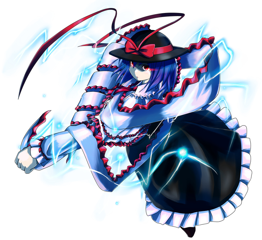 absurdres drill electricity glowing glowing_eyes hat highres lightning nagae_iku purple_hair red_eyes ribbon serious shawl short_hair solo touhou transparent_background tyourou_god