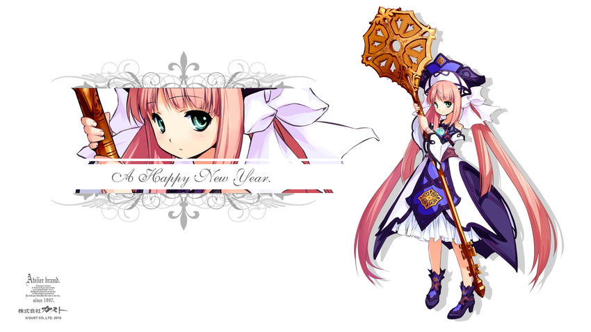 1girl 2010 artist_request atelier_(series) atelier_viorate bracelet dress expressionless green_eyes happy_new_year highres jewelry long_hair new_year official_art pink_hair quad_tails shoes sphere_(atelier) staff standing wallpaper white_background widescreen