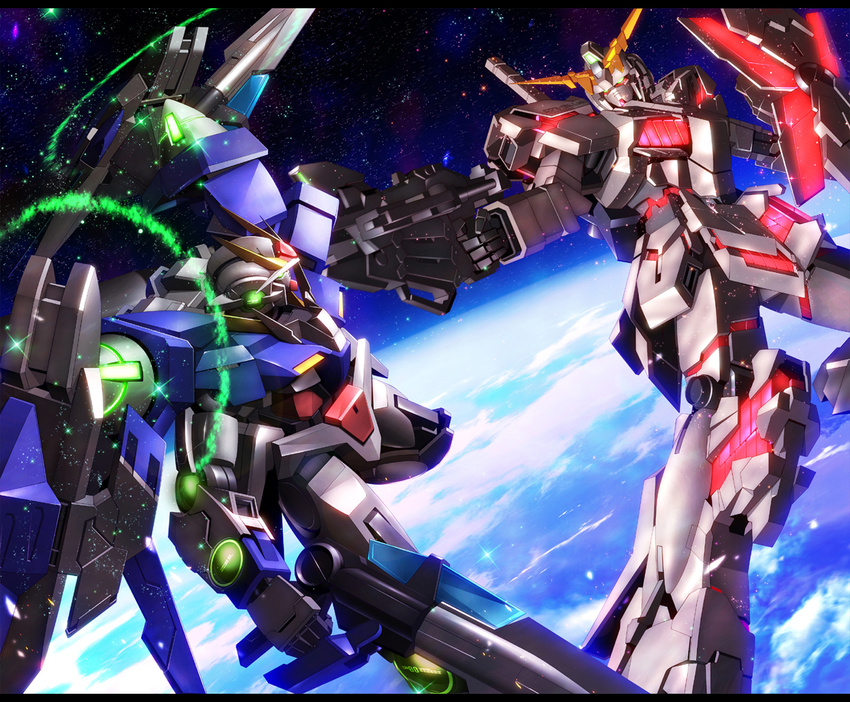 aiming armor battle crossover earth epic glowing gun gundam gundam_00 gundam_unicorn holding holding_gun holding_weapon letterboxed light_particles mecha no_humans nt-d outdoors space star_(sky) unicorn_gundam weapon zb