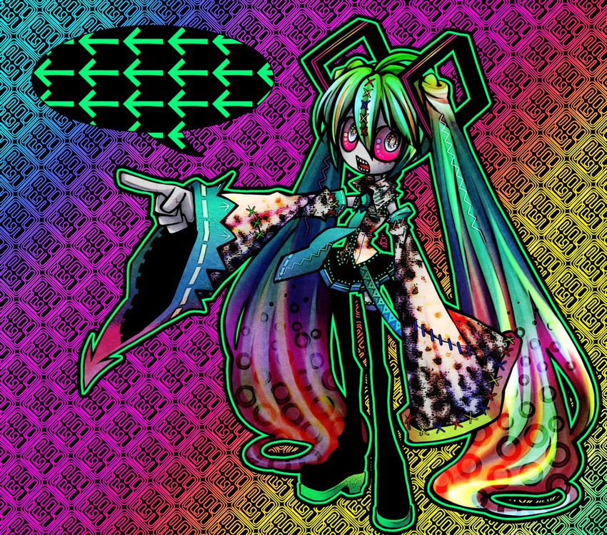 acid_trip bad_id bad_pixiv_id colorful detached_sleeves green_hair hatsune_miku highres long_hair ninomae solo thighhighs twintails very_long_hair vocaloid