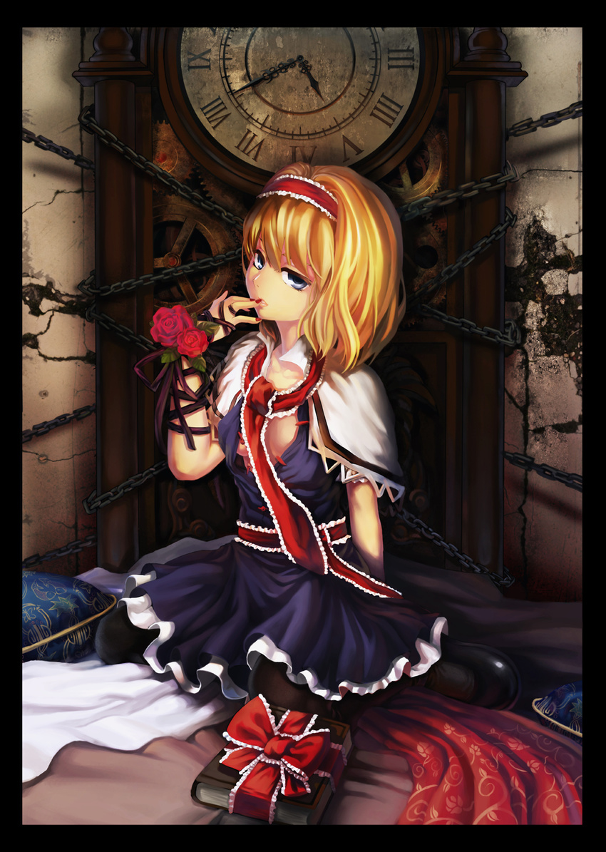 alice_margatroid blonde_hair blue_eyes book chain flower hairband highres klamp open_clothes open_shirt pantyhose ribbon rose shirt short_hair solo touhou