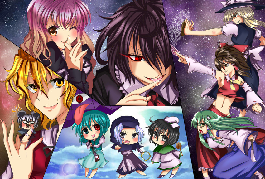 animal_ears aqua_eyes aqua_hair black_hair black_legwear blonde_hair blue_eyes blue_hair bow bracelet brown_eyes brown_hair chibi cloud detached_sleeves everyone finger_licking frog glowing glowing_eyes gradient_hair green_eyes green_hair grey_hair hair_bow hair_ornament hair_over_one_eye hair_ribbon hair_tubes hakurei_reimu hat heterochromia highres hijiri_byakuren hishaku hood houjuu_nue jewelry karakasa_obake kirisame_marisa kochiya_sanae kumoi_ichirin kurobane licking long_hair magic_circle midriff mouse_ears multicolored_hair multiple_girls murasa_minamitsu navel nazrin one_eye_closed purple_hair red_eyes ribbon sailor_hat short_hair snake star tatara_kogasa tongue toramaru_shou touhou umbrella undefined_fantastic_object wavy_hair white_hair witch_hat yellow_eyes