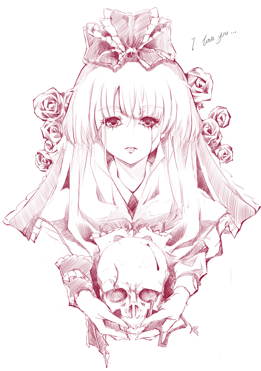 absurdres bad_id bad_pixiv_id blood bloody_tears cofepig flower frills hair_ribbon highres horror_(theme) kagiyama_hina monochrome pink portrait ribbon rose sketch skull solo tears touhou