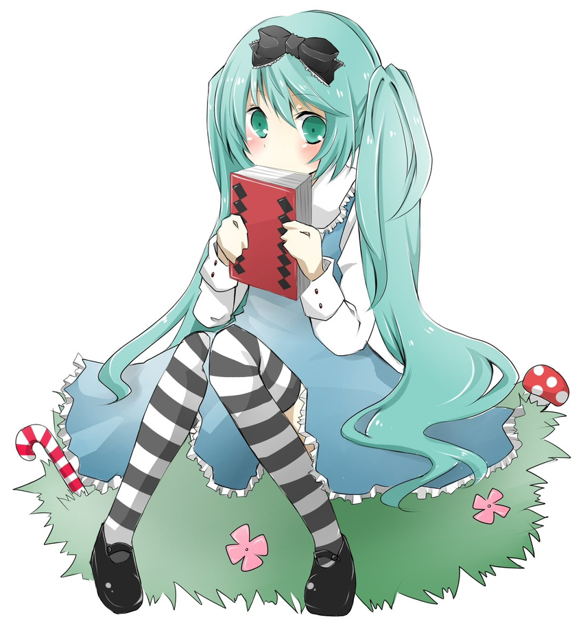 ai_1003 alice_in_wonderland aqua_eyes bad_id bad_pixiv_id blush book bow candy candy_cane dress food gloves hair_bow hair_ribbon hatsune_miku highres holding holding_book long_hair mushroom ribbon shoes sitting solo striped striped_legwear thighhighs twintails very_long_hair vocaloid