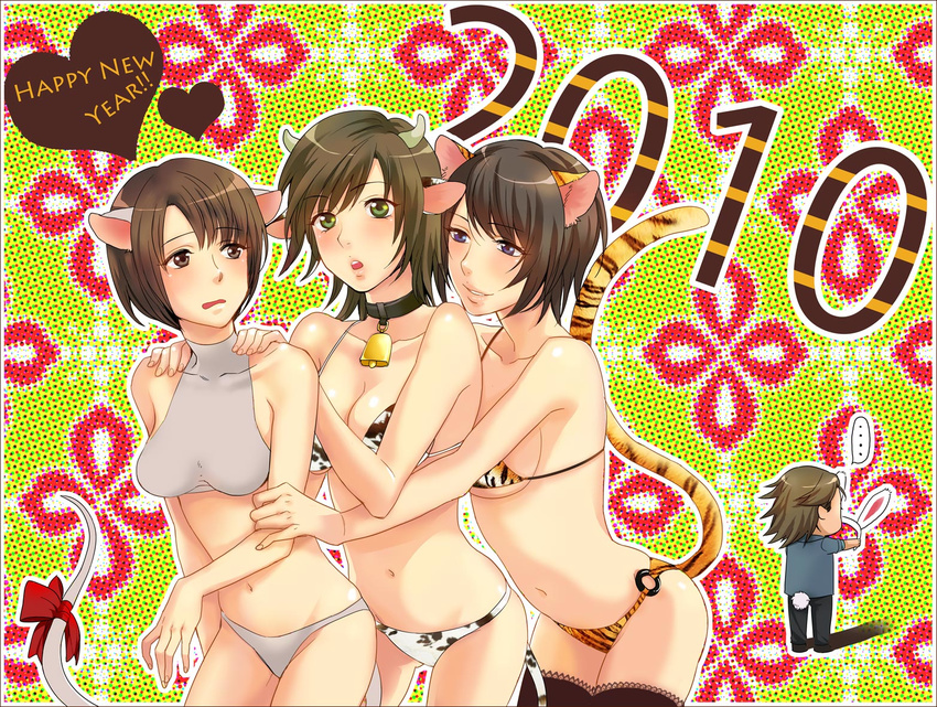 2010 3girls animal_ears animal_print asou_misaki bad_id bad_pixiv_id bell bell_collar bikini blue_eyes blush breasts brown_eyes brown_hair bunny_ears bunny_tail cat_ears cat_tail chibi cleavage collar cow_ears cow_print cow_tail fatal_frame fatal_frame_4 green_eyes horns kirishima_choushiro medium_breasts minazuki_ruka mouse_ears mouse_tail multiple_girls nazumi_(sepaseri) new_year open_mouth ribbon short_hair smile swimsuit tail thighhighs tiger_ears tiger_print tiger_tail tsukimori_madoka