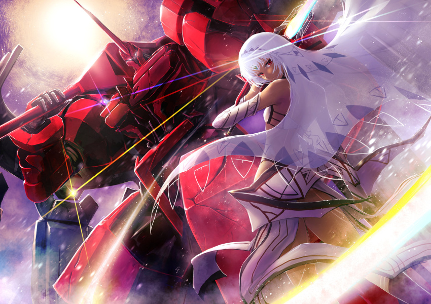 152_in_can 1boy 1girl absurdres altera_(fate) ares_(fate) armor breasts crack detached_sleeves fate/grand_order fate_(series) highres holding holding_sword holding_weapon humanoid_robot joints mechanical_arms mechanical_legs mechanical_parts photon_ray_(fate) rainbow red_armor red_eyes robot robot_joints small_breasts sword tan weapon white_eyes white_hair