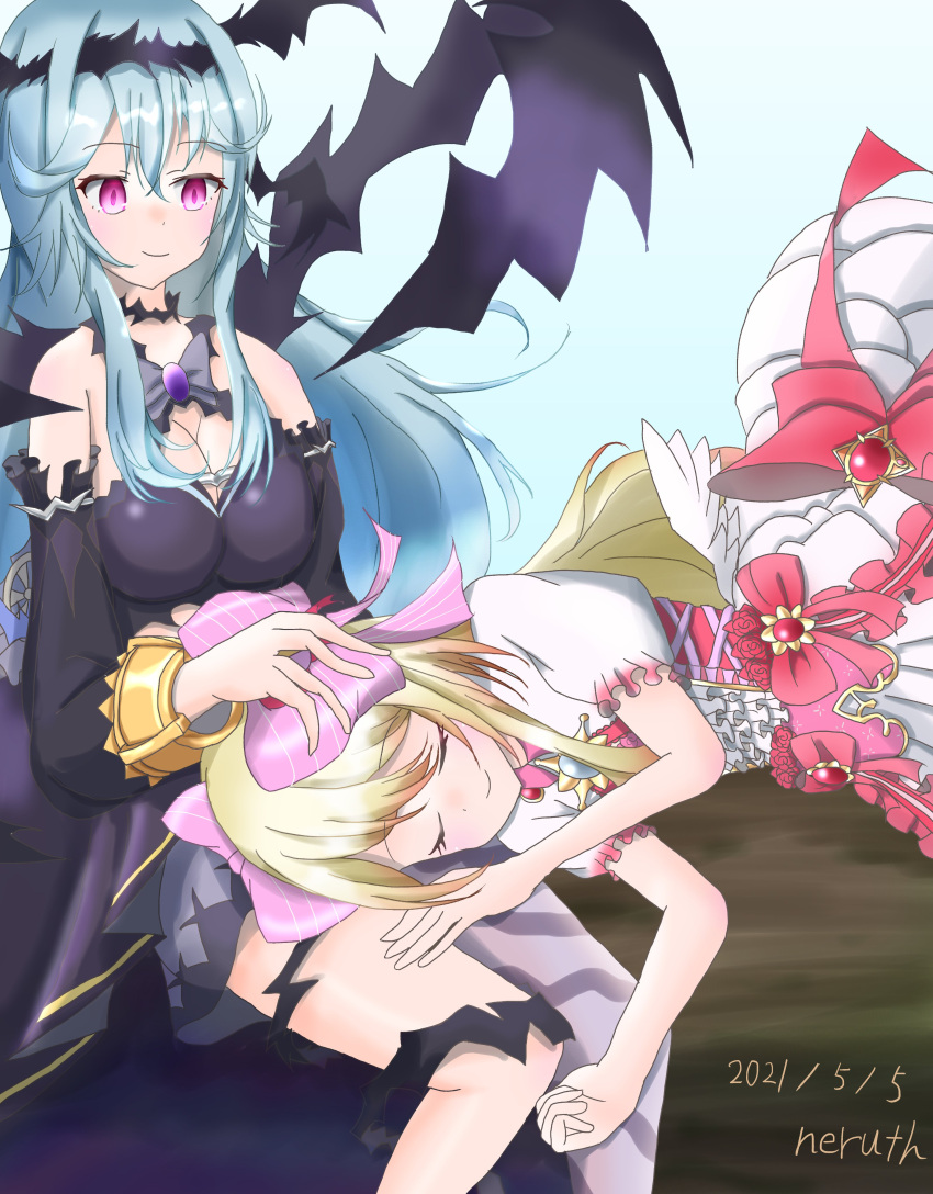 2girls absurdres artist_name blonde_hair blue_hair blue_sky breasts chaos_aurora_(grimms_notes) chaos_marie_(grimms_notes) closed_eyes dated detached_sleeves dress frills gradient_hair grimms_notes hair_ribbon headpat highres jewelry lap_pillow large_breasts light_blue_hair log long_hair multicolored_hair multiple_girls neruth pendant pink_eyes puffy_short_sleeves puffy_sleeves ribbon short_sleeves single_sock sitting sitting_on_log sky sleeping smile socks thorns wings yuri