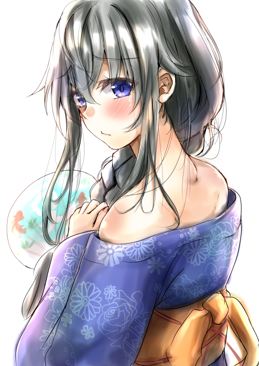 1girl ayachanman bare_shoulders black_hair blue_eyes blue_kimono blush braid closed_mouth hand_fan highres holding holding_fan japanese_clothes kimono kimono_pull long_hair looking_at_viewer looking_back off_shoulder simple_background solo upper_body white_background yahari_ore_no_seishun_lovecome_wa_machigatteiru. yukata yukinoshita_yukino