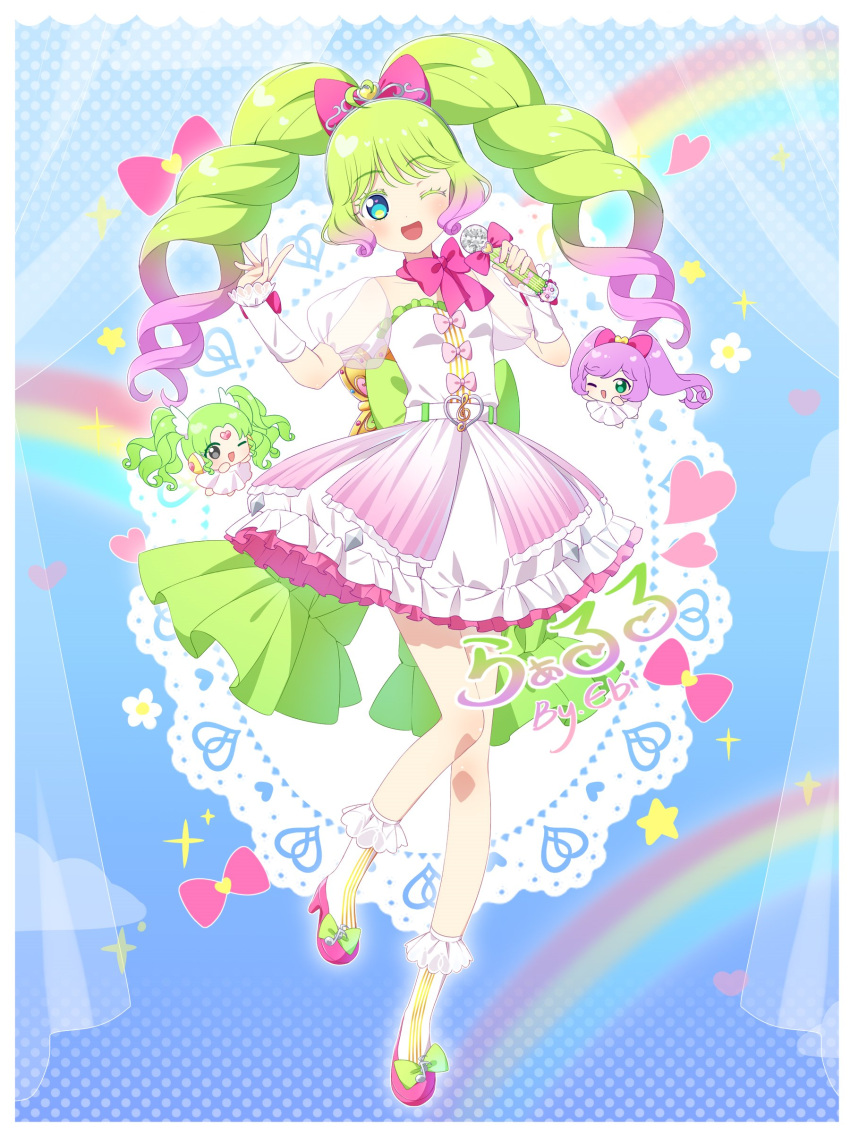 3girls ;d absurdres blue_background blue_eyes border bow character_name commentary_request curtains detached_sleeves dress ebi_nana falulu falulu_(awakened) frilled_dress frills full_body gradient_hair green_bow green_hair hair_bow hands_up highres holding holding_microphone laalulu long_hair looking_at_viewer manaka_laala microphone mini_person minigirl multicolored_hair multiple_girls one_eye_closed open_mouth pink_bow pink_footwear pink_hair pretty_series pripara puffy_short_sleeves puffy_sleeves rainbow see-through see-through_sleeves shoes short_sleeves smile socks solo_focus standing standing_on_one_leg twintails white_border white_dress white_socks
