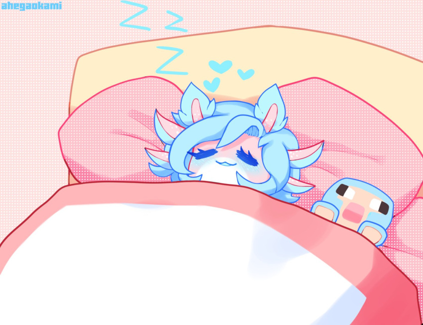 ahegaokami amphibian anthro axolotl bed bed_sheet bedding blue_hair blush bovid caprine colored eyes_closed female furniture hair happy heart_symbol malkah_(ahegaokami) mammal marine microsoft minecraft mojang mole_salamander pillow pink_body plushie salamander sheep sheep_(minecraft) sleeping smile solo sound_effects under_blanket vowelless vowelless_sound_effect xbox_game_studios zzz