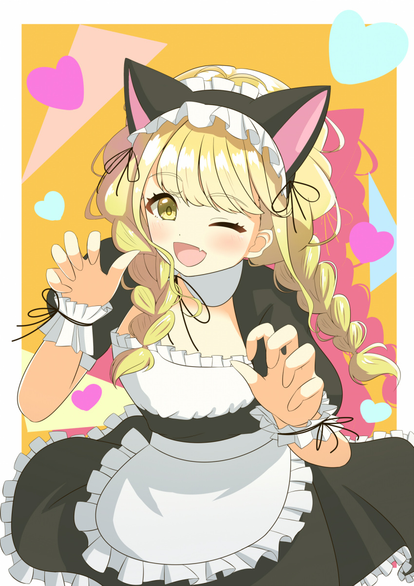 1girl ;d alternate_costume animal_ear_hairband animal_ears apron blonde_hair braid cat_ear_hairband cat_ears claw_pose enmaided fake_animal_ears fang frilled_hairband frilled_wristband frills fujita_kotone gakuen_idolmaster hairband heart highres idolmaster looking_at_viewer maid one_eye_closed outside_border puffy_short_sleeves puffy_sleeves short_sleeves skin_fang smile solo tonogahai twin_braids waist_apron white_apron