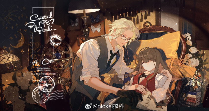 1boy 1girl black_gloves black_necktie black_pants blue_eyes book book_stack breasts brown_hair bug butterfly buttons chain chinese_commentary closed_eyes closed_mouth collared_shirt commentary_request cowboy_shot crescent fingernails flower frilled_shirt_collar frills glasses gloves grey_vest hair_flowing_over hair_over_one_eye hand_on_another's_back hand_on_own_shoulder high_collar highres indoors lamp light_frown living_room long_hair long_sleeves looking_at_another medium_hair necktie nicke_nike on_chair open_book original pants pillow plant potted_plant red_vest rose sample_watermark shadow shirt sitting sleeping sleeves_rolled_up spotlight star_(symbol) tassel tie_clip v-neck vest watermark weibo_watermark white_flower white_hair white_rose white_shirt white_sleeves
