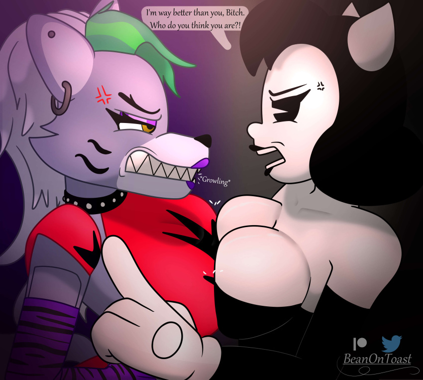 2023 4_fingers absurd_res alice_angel angel angry animatronic anthro arm_warmers armwear artist_name beanontoast bendy_and_the_ink_machine big_breasts breast_squish breasts breasts_frottage canid canine canis cleavage clothed clothing crop_top cross-popping_vein dialogue dress duo ear_piercing ear_ring english_text eyelashes eyeshadow female fingers five_nights_at_freddy's five_nights_at_freddy's:_security_breach gloves hair handwear hi_res horn horned_humanoid humanoid lipstick long_hair machine makeup mammal patreon patreon_logo piercing profanity purple_eyeshadow purple_lipstick ring_piercing robot roxanne_wolf scottgames sharp_teeth shirt shoulder_pads snout squish steel_wool_studios teeth text topwear twitter twitter_logo watermark wolf