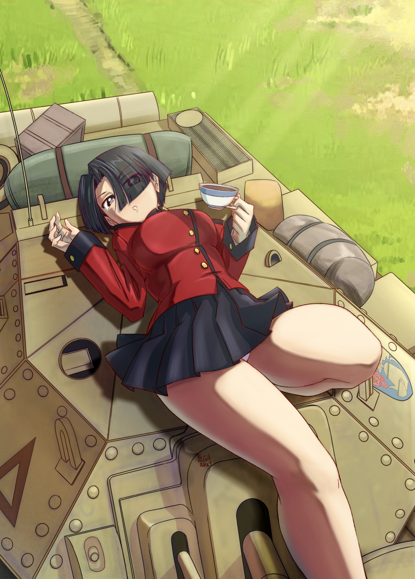 1girl absurdres black_hair blue_eyes breasts cup girls_und_panzer hair_over_one_eye highres holding holding_cup inisipis large_breasts lying military_uniform military_vehicle miniskirt motor_vehicle on_back outdoors panties pantyshot short_hair skirt solo st._gloriana's_military_uniform tank tea teacup underwear uniform vanilla_(girls_und_panzer) white_panties