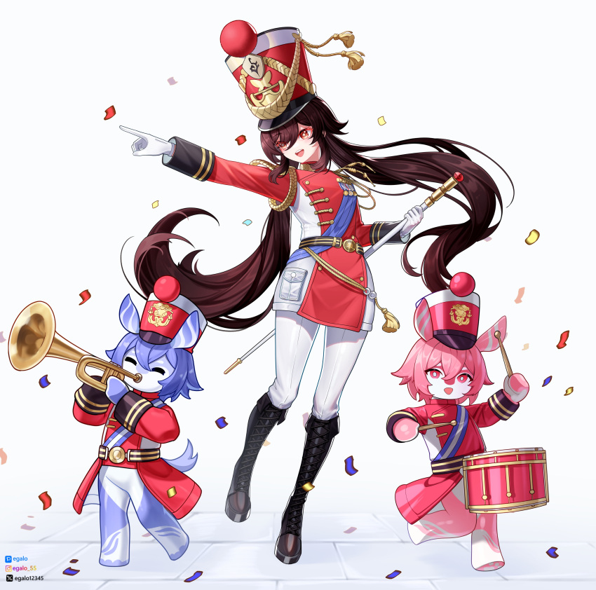 3girls :d absurdres alternate_costume belt black_footwear black_hair boots commentary confetti drum drumsticks egalo english_commentary full_body furry furry_female furry_with_non-furry genshin_impact gloves hair_between_eyes hat highres holding holding_baton holding_drumsticks holding_instrument hu_tao_(genshin_impact) instrument interspecies knee_boots long_hair long_sleeves looking_afar marching_band marching_band_baton melusine_(genshin_impact) military_uniform multiple_girls music pantyhose pink_hair playing_instrument pointing purple_hair red_eyes shako_cap sidelocks simple_background size_difference smile standing standing_on_one_leg symbol-shaped_pupils trumpet twintails uniform white_gloves white_pantyhose