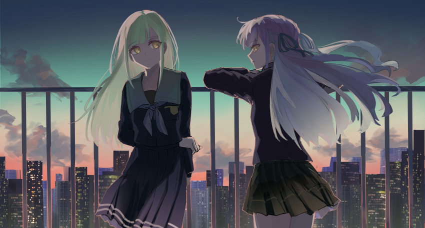 2girls absurdres against_railing bang_dream! bang_dream!_it's_mygo!!!!! black_ribbon black_shirt black_skirt blue_hair building city cloud commentary deep_dig dusk english_commentary green_hair green_skirt grey_jacket grey_neckerchief haneoka_school_uniform highres jacket long_hair long_sleeves looking_at_viewer looking_back multiple_girls neckerchief outdoors pleated_skirt railing ribbon sailor_collar school_uniform shirt skirt sunset togawa_sakiko tsukinomori_school_uniform wakaba_mutsumi white_sailor_collar yellow_eyes