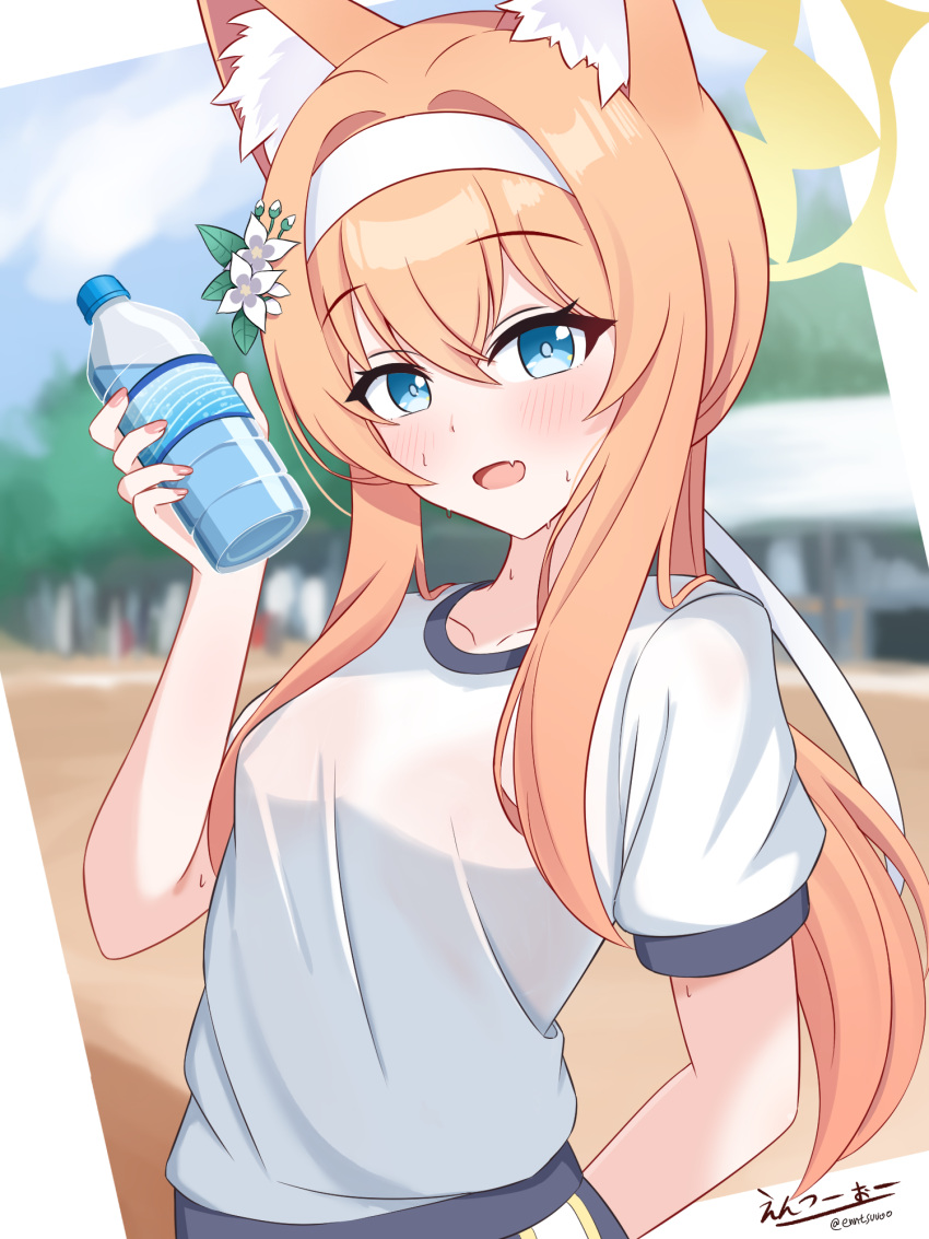 1girl animal_ear_fluff animal_ears arm_behind_back blue_archive blue_buruma blue_eyes blush bottle buruma cat_ears fang flower gym_uniform hair_flower hair_ornament halo headband highres holding holding_bottle looking_at_viewer mari_(blue_archive) mari_(track)_(blue_archive) n2o official_alternate_costume open_mouth orange_hair shirt skin_fang smile solo water_bottle white_headband white_shirt yellow_halo