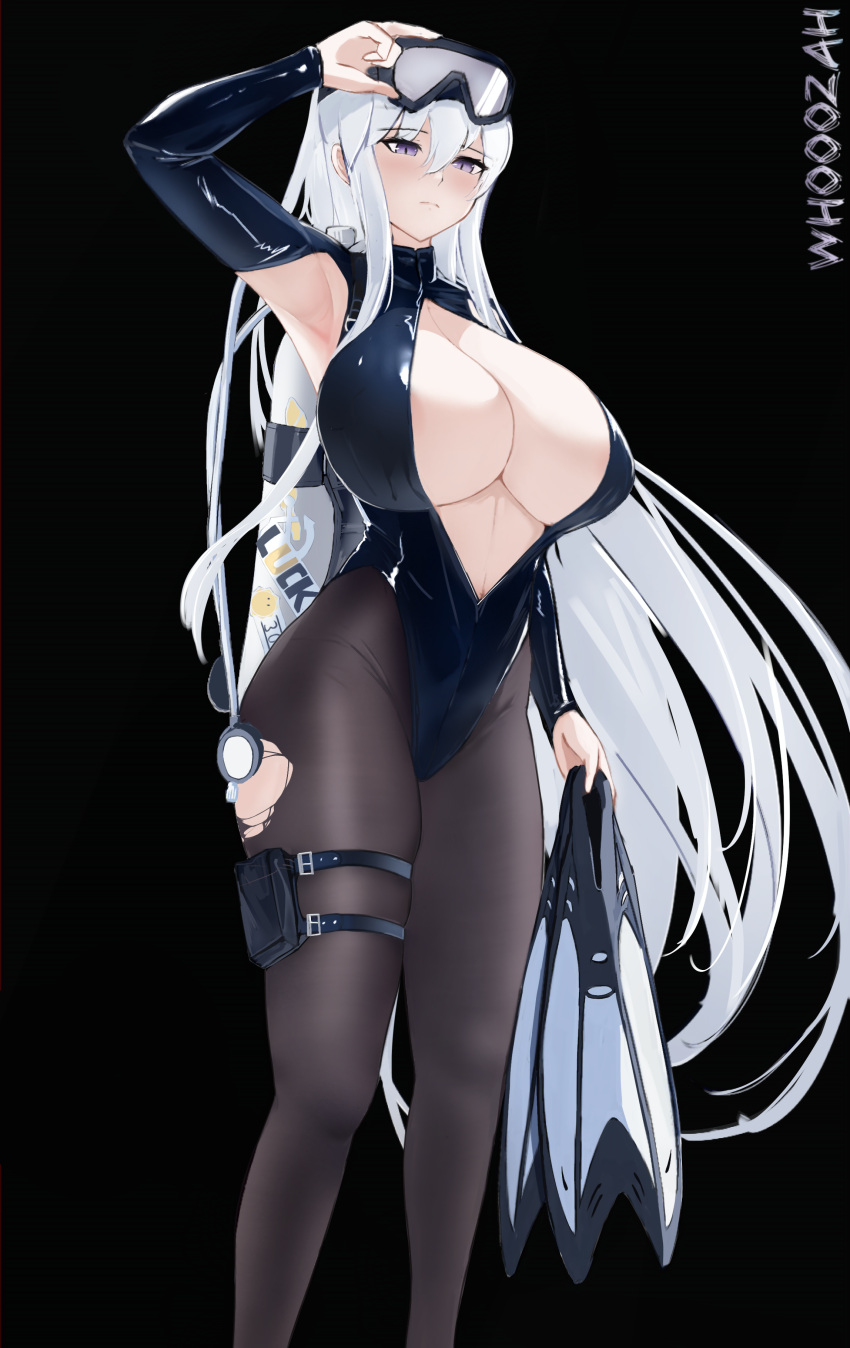 1girl absurdres armpit_cutout artist_name azur_lane black_background blush breasts center_opening clothing_cutout diving_suit enterprise_(azur_lane) enterprise_(diving_under_blue_skies)_(azur_lane) eyebrows_hidden_by_hair flippers full_body goggles goggles_on_head hair_between_eyes highres holding_flippers large_breasts long_hair oxygen_tank pantyhose purple_eyes sidelocks simple_background solo swimsuit thigh_strap torn_clothes torn_pantyhose white_hair whooozah