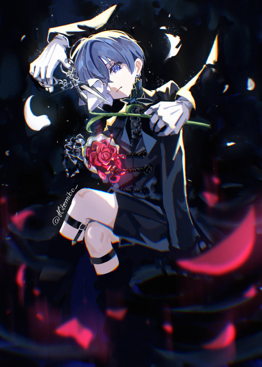 2boys black_footwear blue_eyes blue_hair blue_jacket blue_necktie blue_shorts boots ciel_phantomhive closed_mouth dark_blue_hair disembodied_limb earrings falling_petals flower gloves hair_between_eyes highres hitomibo holding holding_flower holding_scissors jacket jewelry kuroshitsuji kuroshitsuji:_kishuku_gakkou-hen looking_at_viewer male_focus multiple_boys necktie petals red_flower red_petals scissors sebastian_michaelis short_hair shorts signature solo_focus thigh_strap twitter_username white_flower white_gloves white_petals