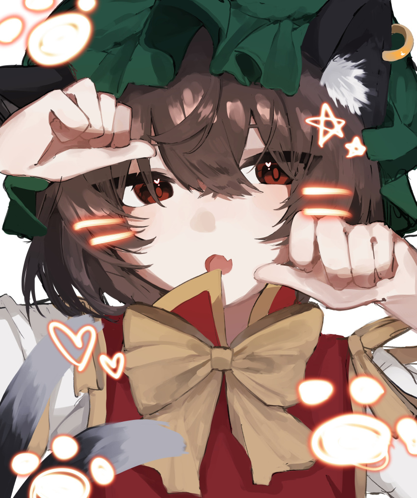 1girl :o absurdres animal_ear_piercing bow bowtie brown_eyes brown_hair cat_tail chen commentary_request earrings fang gold_trim hands_up highres jewelry looking_at_viewer momomo_twi multiple_tails nekomata open_mouth paw_pose red_vest simple_background single_earring skin_fang solo star_(symbol) tail touhou two_tails upper_body vest white_background yellow_bow yellow_bowtie